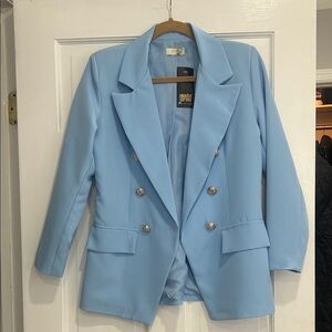 Moda Light Blue Double-Breasted Blazer with Silver Buttons